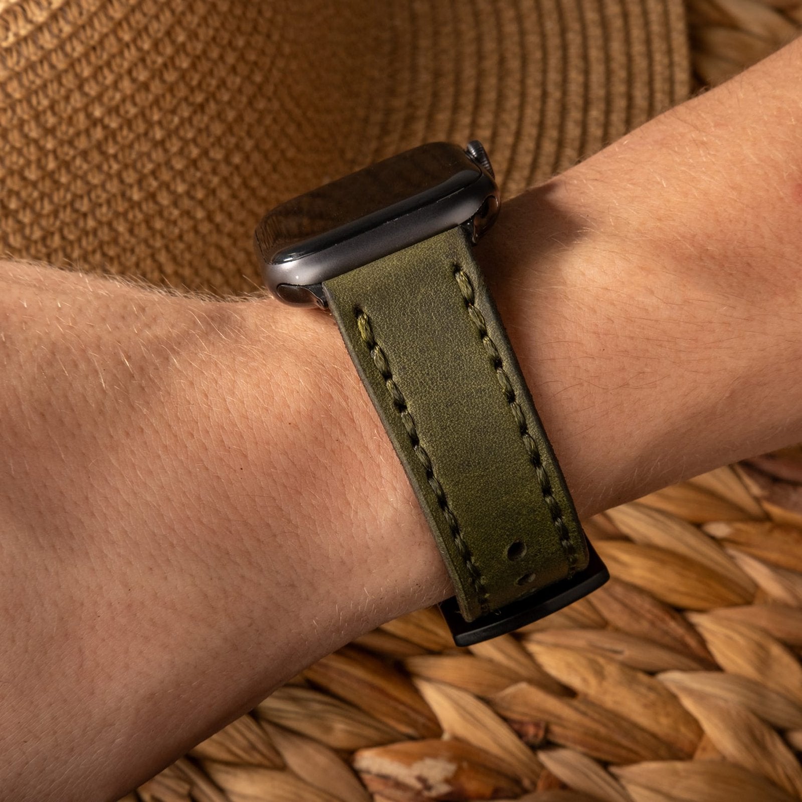 Çift Katlı Deri Apple Watch Kayışı - Yeşil el yapımı hakiki deri - DeryCraft