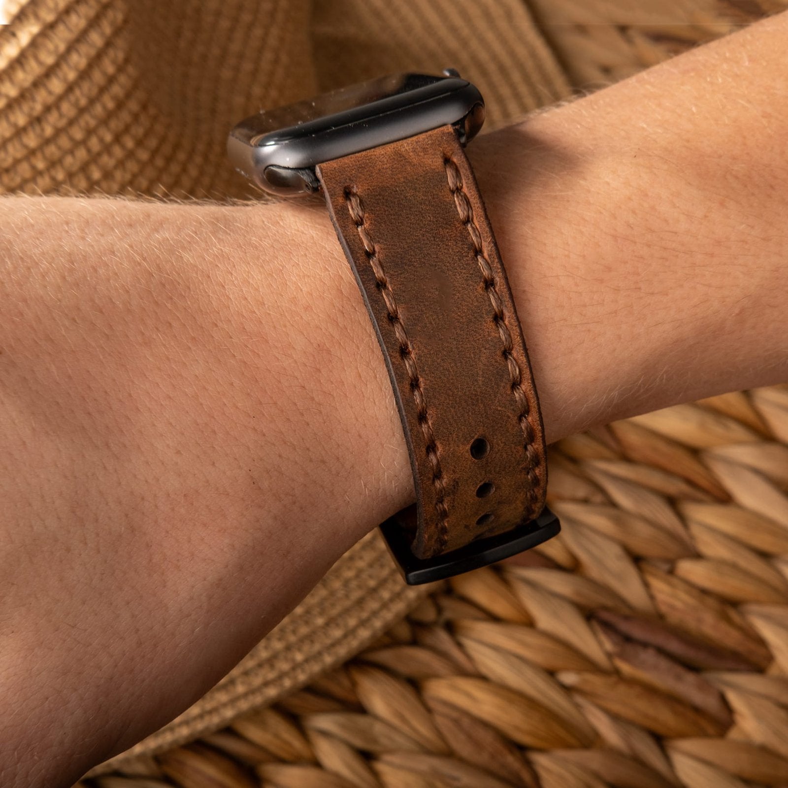 Çift Katlı Deri Apple Watch Kayışı - Kahve el yapımı hakiki deri - DeryCraft