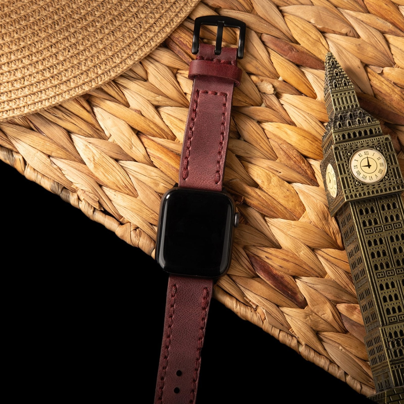 Çift Katlı Deri Apple Watch Kayışı - Mürdüm el yapımı hakiki deri - DeryCraft