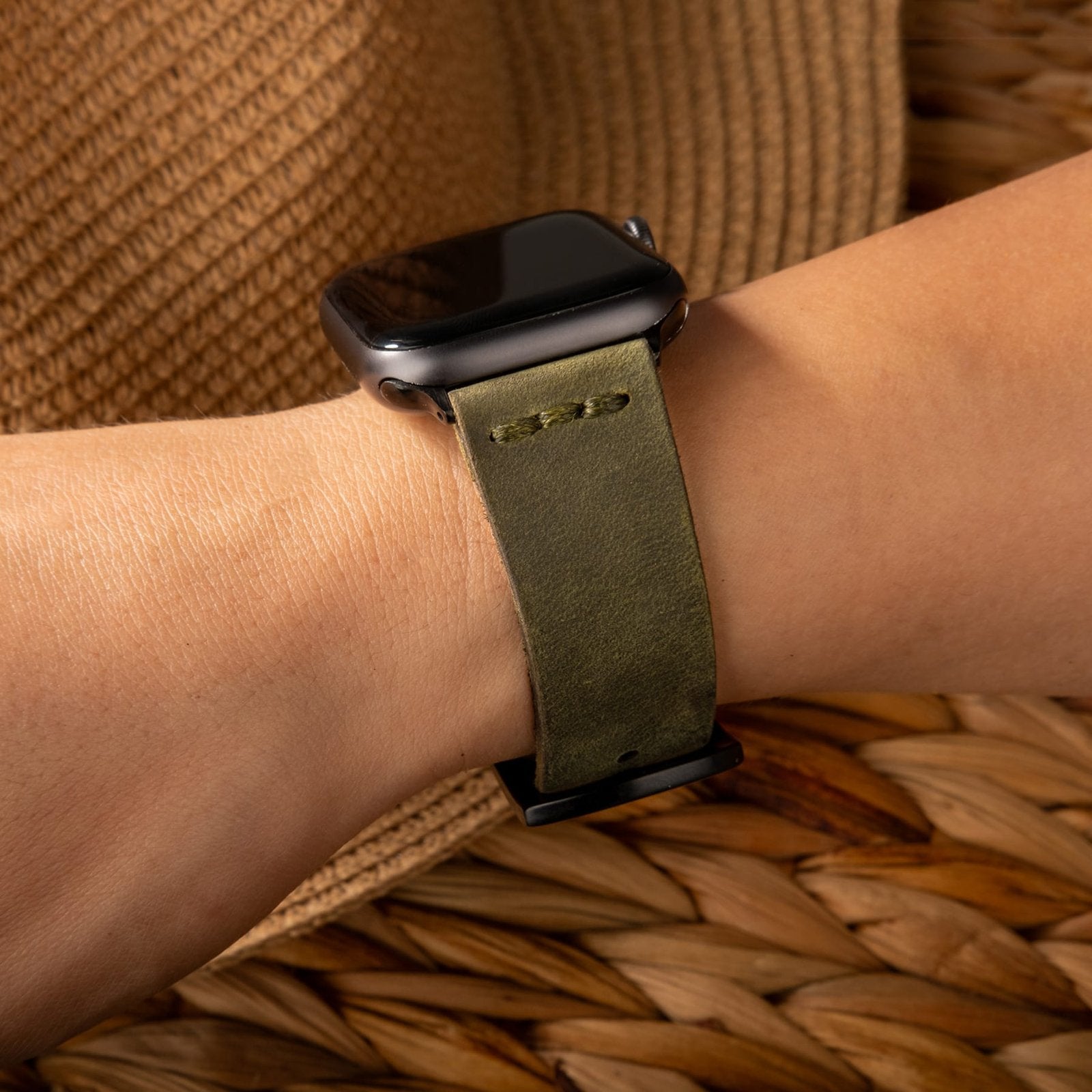 Tek Katlı Deri Apple Watch Kayışı - Yeşil el yapımı hakiki deri - DeryCraft